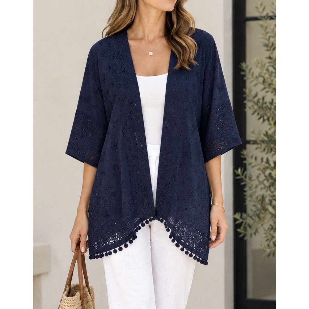 Chico's Navy Blue Eyelet Pom Pom Cotton Kimono Cover-Up Top Size S/M Lightweight